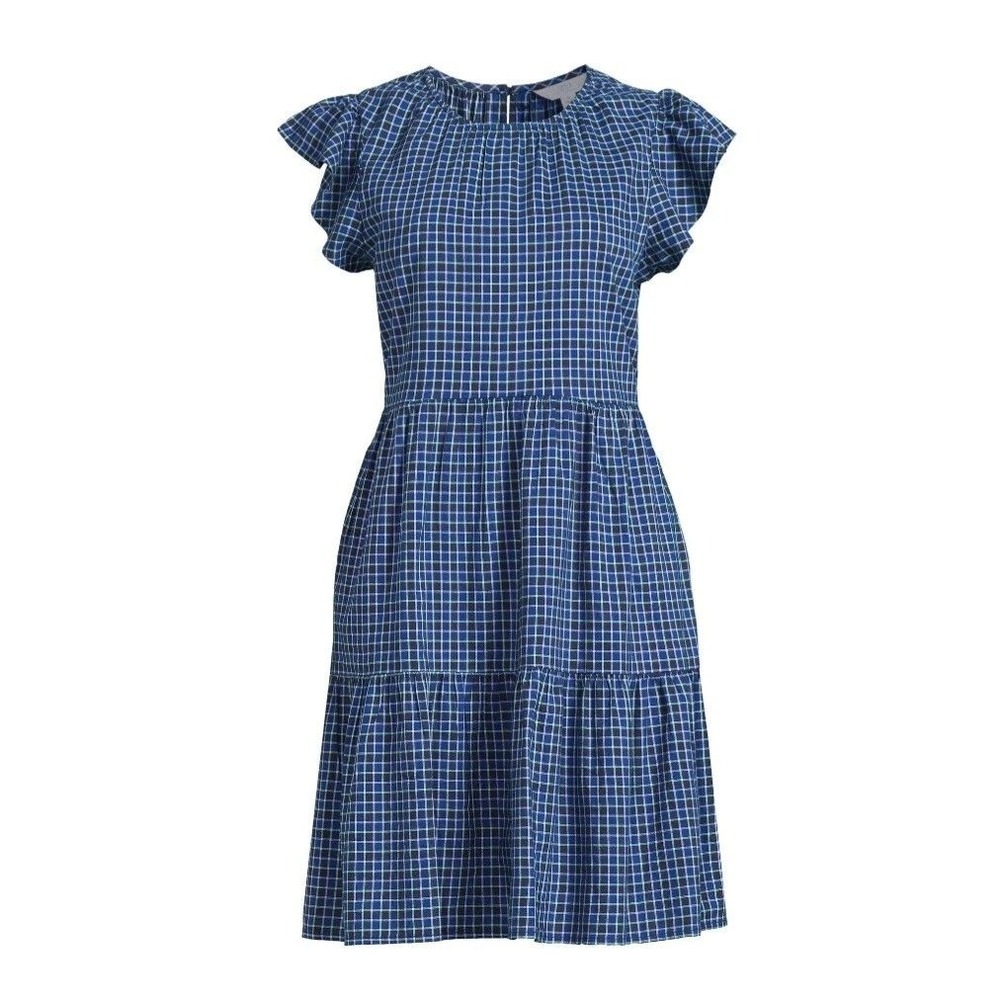 Time & Tru Blue Plaid Flutter Sleeve Tieared Womens Dress Size M 8/10 NWT